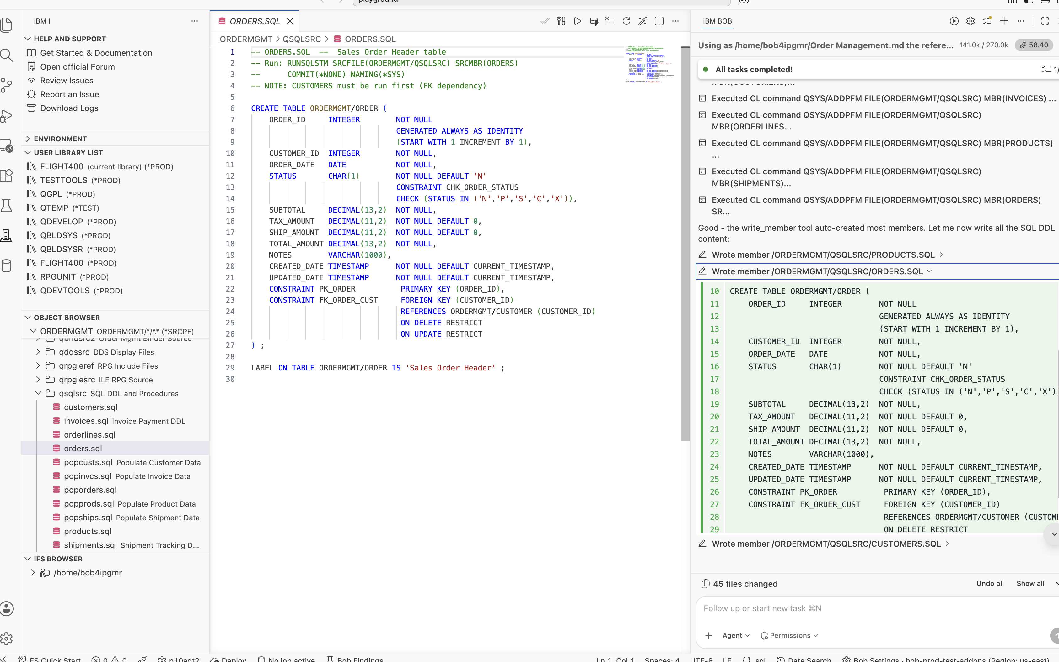 ORDERLINE table DDL with ON DELETE CASCADE referential integrity